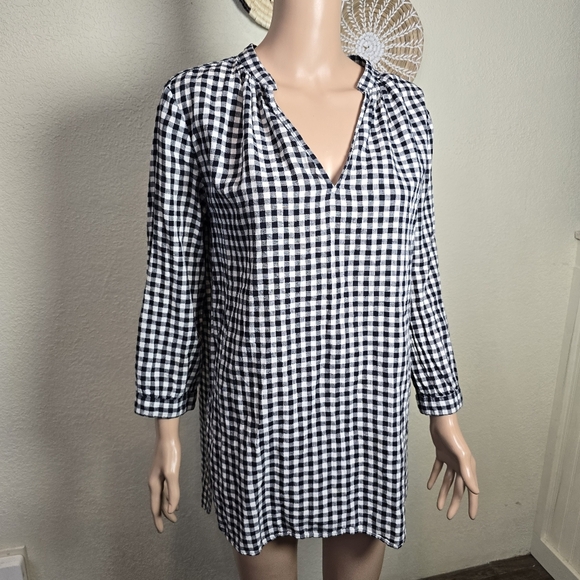 J. Crew Womens Linen Cotton Navy White Check Tunic Shirt Sz S Preppy 3/4 Sleeve - Picture 11 of 12